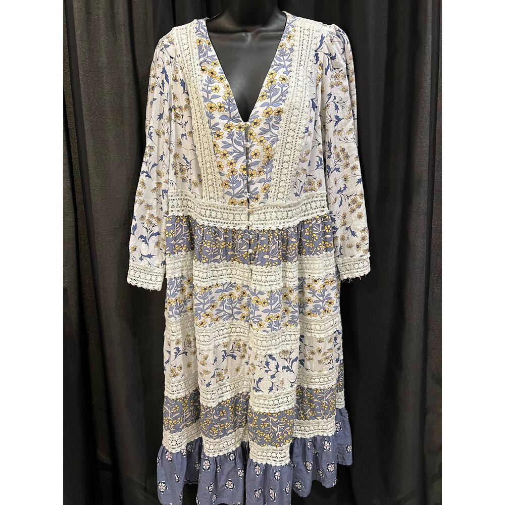 Anthropologie Blue and White Floral Midi Dress